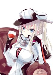 Rule 34 | 1girl, alcohol, anchor necklace, black gloves, blonde hair, blue eyes, blush, breasts, capelet, coach, cup, drinking glass, gloves, graf zeppelin (kancolle), hair between eyes, hat, highres, hizaka, kantai collection, large breasts, long hair, looking at viewer, military, military uniform, necklace, one-hour drawing challenge, peaked cap, sidelocks, simple background, sitting, solo, twintails, twitter username, uniform, white background, wine, wine glass
