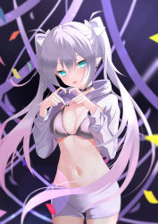 Rule 34 | 1girl, :p, absurdres, bad id, bad pixiv id, black choker, black nails, blue eyes, bow, breasts, choker, cleavage, confetti, cropped hoodie, ear piercing, elf, gradient hair, hair bow, heart, heart hands, highres, hood, hoodie, jiang ye kiri, large breasts, long hair, long sleeves, looking at viewer, multicolored hair, nail polish, navel, original, piercing, pink hair, pointy ears, short shorts, shorts, silver hair, solo, stomach, tongue, tongue out, twintails, very long hair, white bow