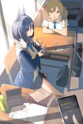 Rule 34 | 1other, 2girls, absurdres, alternate costume, animal ears, ashinowoto, bag, black hair, black jacket, blue eyes, blue necktie, book, bottle, brown eyes, brown hair, cellphone, chair, closed mouth, collared shirt, desk, eishin flash (umamusume), elbow rest, highres, holding, holding phone, horse ears, indoors, jacket, long sleeves, looking at viewer, multiple girls, necktie, notebook, open mouth, pencil, pencil case, phone, plaid, plaid skirt, school bag, school chair, school desk, shirt, short sleeves, sitting, skirt, smart falcon (umamusume), smartphone, sweatdrop, sweater, twintails, umamusume, white shirt, window