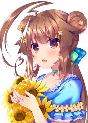 Rule 34 | ahoge, alternate hairstyle, bow, brown eyes, brown hair, casual, choker, collarbone, double bun, fang, flower, hair bow, hair bun, hair flower, hair ornament, heart lock (kantai collection), highres, huge ahoge, jewelry, kantai collection, ko yu, kuma (kancolle), long hair, looking at viewer, low ponytail, open mouth, ring, short sleeves, sunflower, upper body