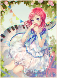 Rule 34 | 1girl, blue ribbon, border, chromatic aberration, day, flower, frilled skirt, frills, highres, holding, holding flower, knees together feet apart, love live!, love live! school idol festival, love live! school idol project, musical note, neck ribbon, nishikino maki, outdoors, piano keys, pink flower, pink rose, purple eyes, red flower, red hair, red rose, ribbon, rose, shirt, short hair, short sleeves, skirt, solo, string of flags, teka, treble clef, white shirt, white skirt, yellow flower, yellow rose