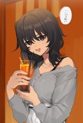 Rule 34 | 1girl, andou (girls und panzer), black eyes, black hair, bra strap, commentary, cup, dark-skinned female, dark skin, drinking glass, drinking straw, girls und panzer, grey shirt, high-waist pants, holding, holding cup, looking at viewer, medium hair, messy hair, off-shoulder shirt, off shoulder, open mouth, pants, shirt, smile, solo, sweatdrop, tan (inka), translated, upper body, white pants