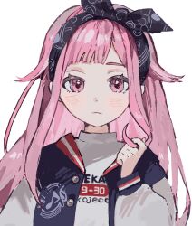 Rule 34 | 1girl, black hairband, blue jacket, blush, bow hairband, closed mouth, dot nose, frown, hairband, hand up, highres, holding, holding own hair, inu totemo, jacket, letterman jacket, long hair, long sleeves, looking at viewer, ootori emu, open clothes, open jacket, parted bangs, pink eyes, pink hair, portrait, print shirt, project sekai, puffy long sleeves, puffy sleeves, shirt, sidelocks, solo, straight-on, straight hair, turtleneck, turtleneck shirt, white shirt