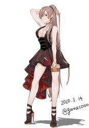 Rule 34 | 1girl, alcohol, asymmetrical dress, azur lane, backless dress, backless outfit, bad id, bad pixiv id, breasts, brown hair, choker, collarbone, cross, cup, dated, dress, drinking glass, full body, hair between eyes, halter dress, halterneck, hand in own hair, high heels, high ponytail, holding, holding cup, jean bart (azur lane), jean bart (uninhibited bloodstone) (azur lane), legs, long hair, looking ahead, medium breasts, neko (ganecooo), ponytail, red eyes, shadow, simple background, solo, thigh strap, thighlet, twitter username, very long hair, white background, wine, wine glass