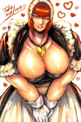 Rule 34 | 1girl, breasts, capcom, gloves, huge breasts, jewelry, looking at viewer, maid, maid headdress, marisa (street fighter), necklace, red hair, smile, street fighter, zmnjo1440