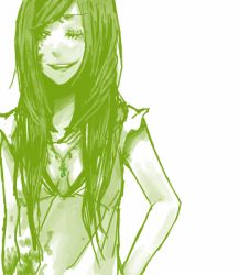 Rule 34 | 1girl, artist request, blood, breasts, character request, cleavage, female focus, green theme, jewelry, long hair, lowres, monochrome, necklace, scar, simple background, smile, solo, source request, stitches, white background