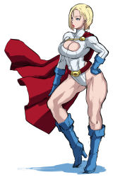 Rule 34 | 1girl, belt, belt skirt, blonde hair, blue eyes, blue footwear, blue gloves, blue legwear, boots, breasts, butcha-u, cape, cleavage, cleavage cutout, clothing cutout, dc comics, from side, full body, gloves, groin, hand on own hip, high heels, highleg, highleg leotard, knee boots, kryptonian, large breasts, leotard, lipstick, long hair, looking afar, makeup, muscular, parted lips, power girl, red cape, red lips, ribbed leotard, shadow, shoes, short hair, simple background, sketch, solo, spread legs, standing, superhero costume, superman (series), thick thighs, thighs, tiptoes, turtleneck, white background, wide hips