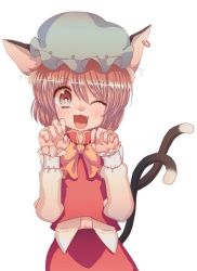 Rule 34 | 1girl, animal ears, bad id, bad pixiv id, blush, bow, brown eyes, brown hair, cat ears, cat girl, cat tail, chen, cream (nipakupa), earrings, fang, female focus, hat, jewelry, multiple tails, one eye closed, open mouth, paw pose, short hair, simple background, single earring, solo, tail, touhou, upper body, white background, wink