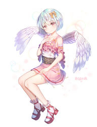 Rule 34 | 1girl, angel wings, artist name, blush, bow, collarbone, facing viewer, hair bow, highres, looking at viewer, original, pink eyes, pink skirt, roang, short hair, signature, silver hair, simple background, skirt, smile, solo, white background, wings, yellow bow