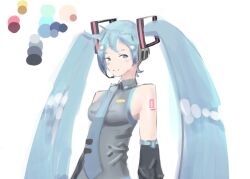 Rule 34 | 1girl, aqua eyes, aqua hair, aqua nails, closed mouth, grey shirt, hair between eyes, hatsune miku, headphones, headset, looking at viewer, luciyum, non-web source, off shoulder, self-upload, shirt, shoulder tattoo, solo, standing, tattoo, twintails, upper body, vocaloid, vocaloid boxart pose, white background