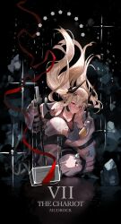 Rule 34 | 1girl, arknights, black bow, black gloves, black sports bra, blonde hair, bow, breasts, character name, cleavage, commentary, demon girl, demon horns, english commentary, english text, glaring, gloves, hair ornament, hammer, highres, holding, holding hammer, horns, infection monitor (arknights), jumpsuit, kasumi yuzuha, kneeling, large breasts, long hair, looking at viewer, material growth, mudrock (arknights), mudrock (elite ii) (arknights), open jumpsuit, oripathy lesion (arknights), pointy ears, red eyes, red ribbon, ribbon, simple background, solo, sports bra, tarot, white jumpsuit