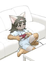 Rule 34 | 1girl, 3yo4yo5yo, animal ears, black hair, body fur, boots, cat ears, child, controller, couch, dress, female focus, fingerless gloves, furry, furry female, game controller, gloves, grey fur, highres, jewelry, long hair, necklace, original, playing games, sitting, solo, table, tiara