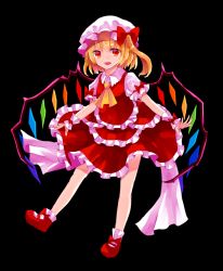Rule 34 | 1girl, :d, ascot, blonde hair, bow, crystal, embellished costume, flandre scarlet, frilled shirt, frilled shirt collar, frilled skirt, frilled sleeves, frills, full body, hat, hat bow, looking at viewer, mob cap, open mouth, puffy short sleeves, puffy sleeves, red bow, red eyes, red skirt, red vest, sakizaki saki-p, shirt, short sleeves, side ponytail, skirt, smile, solo, touhou, vest, wings, wrist cuffs, yellow ascot