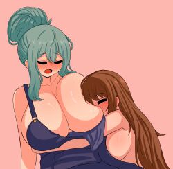 Rule 34 | 2girls, absurdres, aqua hair, asa midori, breasts, brown hair, cleavage, closed eyes, hair bun, highres, huge breasts, implied breast sucking, large breasts, long hair, multiple girls, naked overalls, no bra, open mouth, original, overalls, rezu (the only shoe), short hair with long locks, sideboob, simple background, sweat, the only shoe, yuri