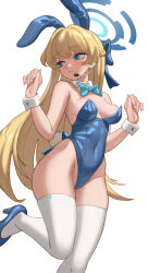 Rule 34 | 1girl, absurdres, animal ears, blonde hair, blue archive, blue bow, blue eyes, blue hair, blue leotard, bow, braid, breasts, commentary, cowboy shot, cropped, detached collar, earphones, fake animal ears, foot out of frame, hair bow, hair ribbon, halo, highleg, highleg leotard, highres, jewelry, legs, lentiyay, leotard, long hair, looking back, medium breasts, multicolored hair, official alternate costume, playboy bunny, rabbit ears, rabbit tail, ribbon, sidelocks, single braid, solo, standing, standing on one leg, strapless, strapless leotard, symbol-only commentary, tail, thighhighs, toki (blue archive), toki (bunny) (blue archive), white background, white thighhighs, wrist cuffs