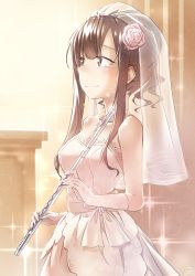 Rule 34 | 10s, 1girl, bare shoulders, blush, breasts, bridal veil, bride, brown eyes, brown hair, commentary request, cowboy shot, dress, elbow gloves, flower, flute, from side, gloves, hair flower, hair ornament, happy tears, highres, holding, holding instrument, idolmaster, idolmaster cinderella girls, idolmaster cinderella girls starlight stage, instrument, long hair, looking away, medium breasts, mizumoto yukari, sash, sidelocks, smile, solo, sparkle, standing, strapless, strapless dress, tearing up, tears, veil, wedding dress, white dress, white gloves, yomio