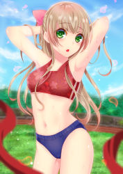 Rule 34 | 1girl, armpits, arms behind back, arms up, blonde hair, blue sky, blurry, blush, bow, breasts, buruma, cloud, cowboy shot, day, depth of field, grass, green eyes, hair bow, half updo, harunosuke (oharu11), long hair, looking at viewer, medium breasts, moe2017, navel, open mouth, original, outdoors, petals, pink bow, sky, solo, sports bikini, sports bra, sweat, thighs, track and field