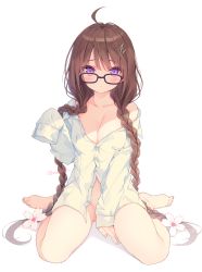 Rule 34 | 1girl, ahoge, bare legs, bare shoulders, barefoot, between legs, black-framed eyewear, blush, braid, breasts, brown hair, buttons, cherry blossoms, cleavage, closed mouth, collarbone, dress shirt, female focus, flower, full body, glasses, hair flower, hair ornament, hairclip, highres, long hair, long sleeves, looking at viewer, looking over eyewear, low twintails, medium breasts, naked shirt, navel, off shoulder, original, partially unbuttoned, purple eyes, rurudo, shadow, shirt, simple background, sitting, sleeves past fingers, sleeves past wrists, solo, thighs, twin braids, twintails, twitter username, very long hair, wariza, white background, white flower, white shirt