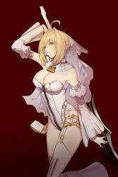 Rule 34 | 1girl, absurdres, ahoge, armpits, bad id, bad pixiv id, bare shoulders, black background, blonde hair, braid, braided bun, breasts, bridal veil, chain, chain necklace, detached collar, dress, elbow gloves, fate/grand order, fate (series), from side, garter belt, garter straps, gloves, green eyes, hair bun, hair intakes, highres, holding, holding sword, holding weapon, jewelry, large breasts, leotard, looking at viewer, necklace, nero claudius (bride) (fate), nero claudius (bride) (second ascension) (fate), nero claudius (fate), nero claudius (fate) (all), short hair, simple background, single hair bun, solo, sword, thigh strap, thighhighs, thighs, tingas, unfastened, veil, weapon, white dress, white gloves, white thighhighs