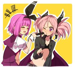 Rule 34 | 2girls, adel (shirow), azrael (shirow), bow, cheek poking, closed eyes, cropped jacket, demon wings, doll joints, hair bow, hand fan, joints, large bow, midriff, multiple girls, navel, one eye closed, open mouth, original, pink hair, pointy ears, poking, purple eyes, purple hair, shirow (crazy), simple background, teeth, twintails, wings, wink, wrist cuffs