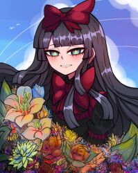 Rule 34 | 1girl, black dress, black hair, black souls, blue background, blue eyes, blunt bangs, blush, bow, bowtie, dress, flower, frilled dress, frills, grin, hair bow, highres, koshou shou mitsu, looking at viewer, mabel (black souls), parted lips, red bow, red bowtie, sky, smile, solo, star-shaped pupils, star (symbol), symbol-shaped pupils, upper body