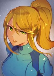 1girl angry arms_at_sides artist_request blonde_hair blue_bodysuit blue_eyes bodysuit breasts collarbone eyelashes female_focus floating_hair hair_between_eyes high_ponytail highres large_breasts long_hair looking_at_viewer metroid neck nintendo parted_lips ponytail portrait print_bodysuit samus_aran sidelocks skin_tight standing swept_bangs turtleneck turtleneck_bodysuit upper_body zero_suit