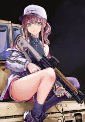Rule 34 | 1girl, absurdres, ammunition, aqua eyes, ar-57, ar-57 (girls&#039; frontline), armor-piercing ammunition, assault rifle, bare shoulders, baseball cap, black background, black shirt, black socks, breasts, bullet, carbine, clothes pull, commentary, crop top, ear piercing, fn 5.7x28mm, foot out of frame, girls&#039; frontline, gun, handgun cartridge, hat, highres, holding, holding gun, holding weapon, jacket, jacket pull, lithographica, long hair, long sleeves, looking at viewer, medium breasts, military cartridge, open clothes, open jacket, open mouth, pdw cartridge, personal defense weapon, piercing, pink hair, pink shorts, pistol-caliber carbine, pistol cartridge, rifle, shirt, shorts, side ponytail, sidelocks, single sock, sitting, socks, solo, submachine gun, track jacket, weapon, white hat, white jacket