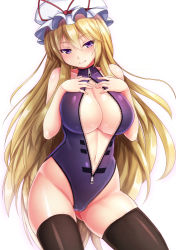 Rule 34 | 1girl, black thighhighs, blonde hair, breast suppress, breasts, cameltoe, cleavage, collarbone, ebi 193, female focus, front zipper swimsuit, hands on own chest, hat, hat ribbon, large breasts, long hair, looking at viewer, meme attire, mob cap, navel, one-piece swimsuit, purple eyes, ribbon, solo, swimsuit, thighhighs, touhou, unzipped, very long hair, wide hips, yakumo yukari, zipper