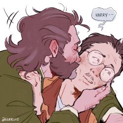 Rule 34 | 2boys, beard, black hair, blush, bomber jacket, brown hair, closed eyes, disco elysium, facial hair, from side, gearlic, glasses, harry du bois, highres, holding another&#039;s head, jacket, kim kitsuragi, kiss, kissing cheek, leaning to the side, looking to the side, male focus, mature male, multiple boys, mustache, mutton chops, profile, short hair, simple background, thick beard, upper body, white background, yaoi