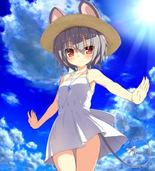 Rule 34 | 1girl, alternate costume, animal ears, bare shoulders, blue sky, blush, bow, capelet, cloud, cloudy sky, day, dress, ears through headwear, greatmosu, grey hair, hat, highres, jewelry, mouse ears, mouse tail, nazrin, pendant, petite, red eyes, short hair, sky, smile, solo, sun hat, sundress, sunlight, tail, tail bow, tail ornament, thigh gap, thighs, touhou, white dress