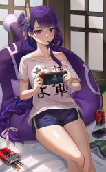Rule 34 | 1girl, absurdres, alternate costume, bean bag chair, blush, book, braid, can, casual, cellphone, clothes writing, coca-cola, collarbone, controller, drink can, flower, food, food in mouth, game controller, genshin impact, hair flower, hair ornament, highres, holding, holding controller, holding game controller, indoors, looking at viewer, low-braided long hair, low-tied long hair, mole, mole under eye, nintendo switch, on floor, phone, pocky, pocky in mouth, print shirt, purple eyes, purple hair, raiden shogun, shirt, short shorts, shorts, single bare shoulder, sitting, skl, slime (genshin impact), smartphone, snack, soda can, solo, strap slip, t-shirt, thighs, translation request