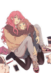 Rule 34 | 2girls, black eyes, blunt bangs, blush, boots, brown hair, cellphone, couple, cup, denim, diary, dress, from above, hug, jeans, lips, long hair, looking at viewer, moo9mom, multiple girls, original, pants, pantyhose, phone, pink eyes, pink hair, scarf, shared clothes, shared scarf, shoes, sitting, smartphone, smile, sneakers, sweater, wavy hair, white background, yuri