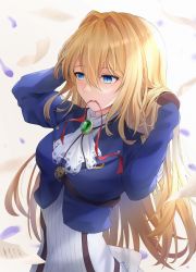 Rule 34 | 1girl, absurdres, black gloves, blonde hair, blue eyes, blue jacket, dress, gloves, hair between eyes, hair down, highres, himitsudesu5, jacket, long hair, long sleeves, mouth hold, red ribbon, ribbon, ribbon in mouth, solo, standing, tying hair, upper body, very long hair, violet evergarden, violet evergarden (series), white dress