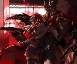 Rule 34 | 1boy, 1girl, black hair, black shirt, black suit, black wings, capelet, chain, commentary, cowboy shot, curled horns, demon boy, demon horns, formal, gloves, hand on another&#039;s neck, highres, horns, jacket, jacket on shoulders, jewelry, kazanniro, long hair, lucifer (obey me!), multiple wings, obey me!: one master to rule them all!, original, pantyhose, red eyes, red gloves, red ribbon, red theme, ribbon, shirt, short hair, signature, skirt, suit, window, wings