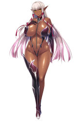 Rule 34 | 1girl, aoi nagisa (metalder), asymmetrical legwear, boots, breasts, chain, choker, covered erect nipples, dark-skinned female, dark elf, dark skin, detached collar, elbow gloves, elf, evelyn celebrian, female focus, full body, gloves, gradient hair, hair ribbon, highres, huge breasts, multicolored hair, navel, official art, pink hair, pointy ears, puffy nipples, revealing clothes, ribbon, shiny skin, smile, solo, thigh boots, thighhighs, uneven legwear, white background, yellow eyes, youkoso! sukebe elf no mori e