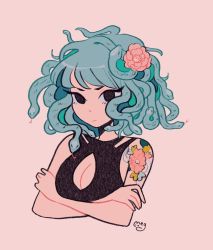 Rule 34 | 1girl, arm tattoo, black eyes, borrowed character, breasts, cleavage, derivative work, flower, hair flower, hair ornament, highres, looking at viewer, megrocks, monster girl, original, pink background, pink flower, signature, simple background, snake hair, solo, tattoo, upper body