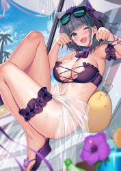 Rule 34 | 1girl, akusema, alternate costume, azur lane, bad id, bad pixiv id, bare shoulders, beach, beach chair, beach umbrella, bikini, bikini top only, bird, black-framed eyewear, blue sky, blunt bangs, blurry, blurry foreground, blush, bottomless, breasts, bridal garter, cheshire (azur lane), cheshire (summery date!) (azur lane), chick, cloud, day, earrings, eyewear on head, fang, flower, hair ribbon, hands up, highres, jewelry, knee up, large breasts, leg up, looking at viewer, maid headdress, manjuu (azur lane), multicolored hair, navel, neck ribbon, no panties, ocean, one eye closed, open mouth, outdoors, palm tree, paw pose, purple bikini, purple flower, purple footwear, raised eyebrows, reclining, ribbon, sandals, see-through, short hair, sky, smile, solo, sparkle, strapless, strapless bikini, sunglasses, sweat, swimsuit, thighs, tree, two-tone hair, umbrella