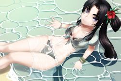 Rule 34 | 1girl, bad id, bad pixiv id, bikini, black bikini, black hair, blue eyes, bracelet, fate/grand order, fate (series), flower, hair flower, hair ornament, highres, jewelry, long hair, looking at viewer, navel, partially submerged, see-through, shimomoto, side ponytail, sitting, smile, solo, swimsuit, ushiwakamaru (fate), very long hair, wet, wet clothes