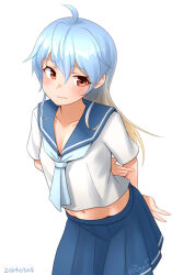 Rule 34 | 1girl, aged up, ahoge, arms behind back, blonde hair, blue hair, blue neckerchief, blue sailor collar, blue skirt, closed eyes, gradient hair, kantai collection, leaning forward, long hair, multicolored hair, neckerchief, one-hour drawing challenge, pleated skirt, ray.s, red eyes, sado (kancolle), sailor, sailor collar, school uniform, serafuku, short sleeves, skirt, solo