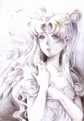 Rule 34 | 1girl, bare shoulders, bishoujo senshi sailor moon, colored pencil (medium), crescent, crescent facial mark, double bun, facial mark, feathered wings, feathers, hair ornament, hairclip, highres, looking up, nashi juni, parted lips, princess serenity, solo, sunlight, traditional media, tsukino usagi, twintails, white theme, wings