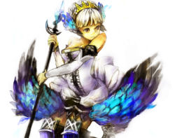 Rule 34 | 1girl, armor, armored dress, bare shoulders, blue eyes, breasts, cleavage, crown, detached sleeves, dress, gwendolyn (odin sphere), hagiyama, headdress, medium breasts, miniskirt, odin sphere, polearm, short hair, silver hair, skirt, solo, spear, strapless, strapless dress, thighhighs, weapon