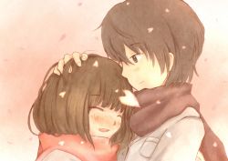 Rule 34 | 1boy, 1girl, :d, ^ ^, black eyes, black hair, blush, brown hair, couple, closed eyes, hand on another&#039;s head, hetero, open mouth, original, petals, pochi (poti1990), scarf, short hair, smile, wind