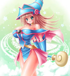 Rule 34 | 1girl, arms behind back, bare shoulders, blonde hair, blush, breasts, cleavage, curvy, dark magician girl, detached sleeves, duel monster, green background, green eyes, hat, highres, huge breasts, kogarashi (wind of winter), pentacle, solo, staff, witch hat, wizard hat, yu-gi-oh!, yuu-gi-ou, yu-gi-oh! duel monsters