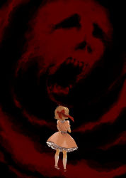 Rule 34 | 1girl, blonde hair, bow, child, creepy, dress, eldritch abomination, from behind, giygas, hair bow, kneehighs, mother (game), mother 2, nintendo, open mouth, paula (mother 2), rina (rinatan), rinatan, short hair, socks, spoilers