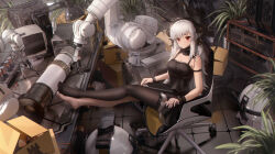 Rule 34 | 1girl, absurdres, animal ears, arknights, arm strap, artist name, bare shoulders, black dress, black pantyhose, blush, box, breasts, cardboard box, cleavage, closed mouth, crossed legs, detached collar, dress, feet on table, frilled dress, frills, full body, highres, indoors, ling dianxia, long hair, looking at viewer, machinery, medium breasts, monitor, official alternate hair length, official alternate hairstyle, pantyhose, plant, potted plant, red eyes, rhodes island logo (arknights), single leg pantyhose, single thighhigh, sitting, sleeveless, sleeveless dress, solo, tablet pc, thigh strap, thighhighs, veil, weedy (arknights), white hair, wristband