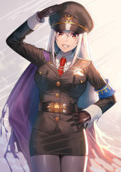 Rule 34 | 1girl, black gloves, black hat, black pantyhose, blush, breasts, gloves, hair between eyes, hat, large breasts, looking at viewer, military, military uniform, mole, mole under eye, necktie, ogino (oginogino), original, pantyhose, parted lips, red eyes, red necktie, smile, solo, teeth, uniform