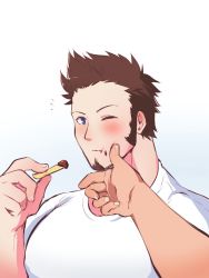Rule 34 | 1boy, 1other, alternate costume, bara, beard, blue eyes, blush, brown hair, chips (food), couple, eating, facial hair, fate/grand order, fate (series), food, goatee, gradient background, large pectorals, long sideburns, looking at viewer, male focus, muscular, napoleon bonaparte (fate), one eye closed, pectorals, potato chips, shioren 0, shirt, short sleeves, sideburns, solo focus, upper body, white shirt, wiping mouth