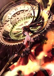Rule 34 | 10s, 1girl, back, backless outfit, bare shoulders, black hair, boots, breasts, clock, clock eyes, date a live, dress, fire, goth fashion, gun, hairband, highres, lolita fashion, lolita hairband, long hair, long skirt, looking at viewer, looking back, monogo, red eyes, skirt, smile, solo, standing, symbol-shaped pupils, tokisaki kurumi, twintails, very long hair, weapon, wind, yellow eyes