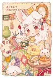 Rule 34 | 1girl, :3, akeome, animal ears, basket, blush, border, bow, bread slice, butter, cable knit, carrot, carrot print, chinese zodiac, closed eyes, commentary, cup, dotted line, floppy ears, food, food print, garland (decoration), hair bow, hair ornament, hairpin, happy new year, highres, hikimayu, holding, holding cup, knitting needle, looking at viewer, mokarooru, mug, multiple hair bows, needle, new year, original, painting (object), plant, potted plant, quilt, rabbit, rabbit ears, rabbit girl, rabbit hair ornament, red eyes, smile, solo, spoon, steam, stuffed animal, stuffed rabbit, stuffed toy, sweater, tea, thick eyebrows, toast, topiary, turtleneck, white hair, yarn, yarn ball, year of the rabbit