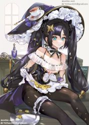 Rule 34 | black hair, black hat, black leotard, black pantyhose, bodysuit, breasts, coin, cookie, cup, earrings, elbow gloves, food, fork, genshin impact, gloves, gold trim, green eyes, hair ornament, hat, hat ornament, highleg, highleg leotard, highres, holding, holding clothes, jewelry, knife, leotard, long hair, looking at viewer, maid, maid headdress, mona (genshin impact), pantyhose, plate, ribbon, ribbon earrings, scrunchie, see-through, sitting, sleeveless, small breasts, star (symbol), strapless, strapless leotard, teacup, thigh strap, thighband pantyhose, twintails, waist cape, white gloves, witch hat, yu chien (yuchien4221)